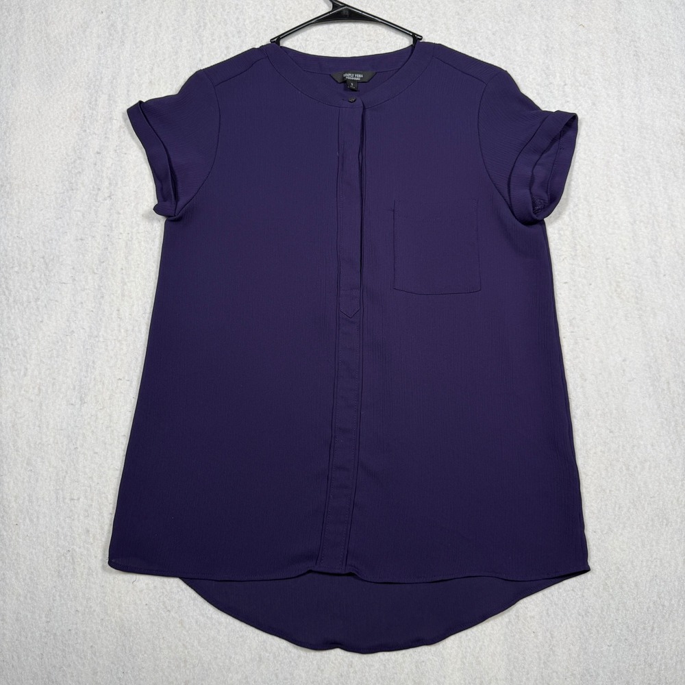 Simply Vera Vera Wang Purple Short Sleeve Band Collar Blouse Top Small